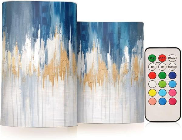 BOESI Abstract Oil Painting in Blue Flameless Candles Color Changing LED Candles with