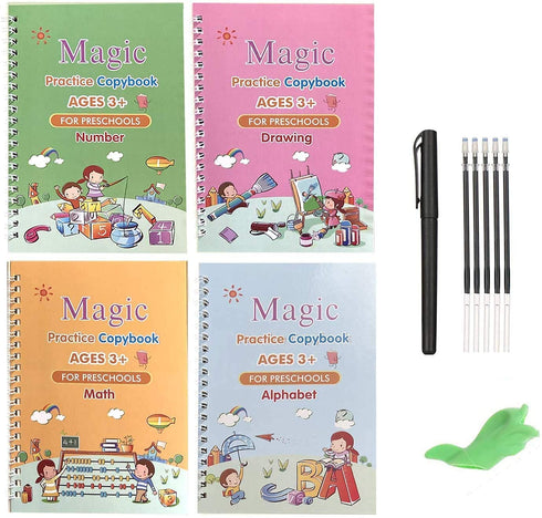 Magic Practice Copybook for Kids, Reusable Calligraphy Handwriting Workbooks, 4 Book + Pen Set for Preschoolers