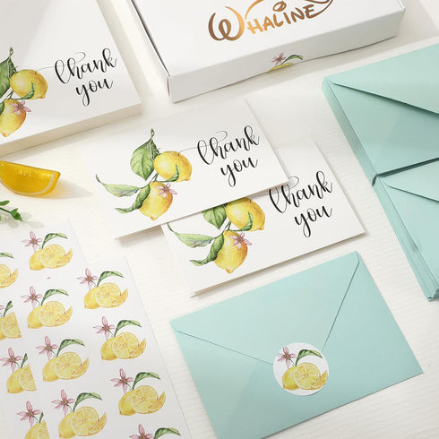 50 Pack Summer 4 6 Inch Whaline Lemon Thank You Cards Bulk Boxed Fruit Greeting Cards with Envelopes Stickers Blank