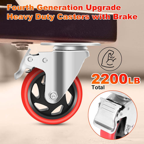 HXSMUYC 4 Inch 2200 lb 360 Set 4 Industrial Caster Wheels with Brake - Heavy Duty Capacity, Swivel, of for Carts