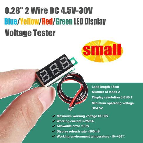 Voltage Tester, Mini Digital Voltmeter Gauge Tester 0.28" 2 Wire DC 4.5V-30V with Blue/Yellow/Red/Green LED Display
