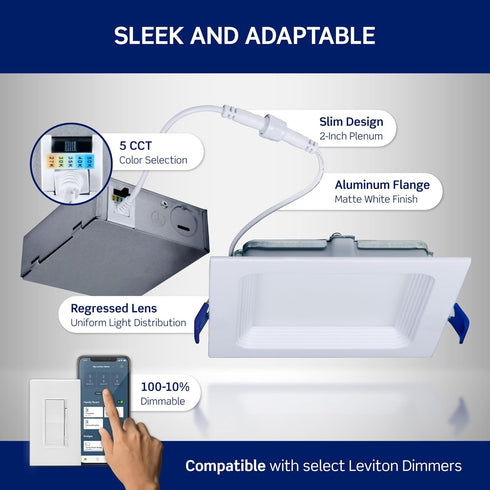 6 1100 5 2700K-5000K, Dimmable, DBS60-S1W, Leviton in. Square Baffle Slim Downlight, Lumens, CCT Color Selectable White