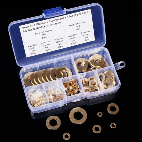 Brass Flat Washer Gasket Kit, 210 Pieces Assortment for M3, M4, M5, M6, M8, M10, M12 Screws and Bolts