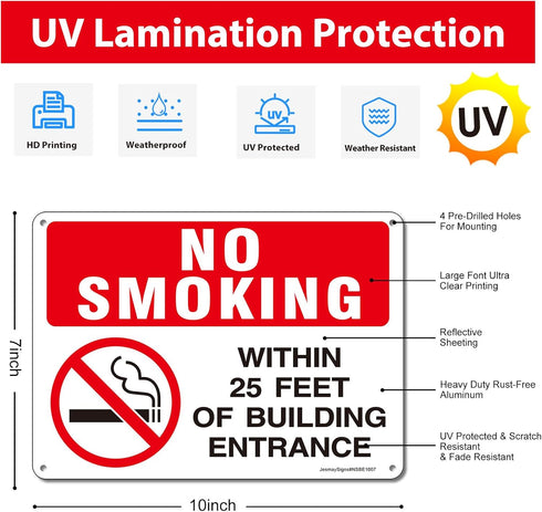 No Smoking Within 25 Feet of Building Entrance Sign, 4 Pack - 10"x7" Rust Free Reflective Aluminum, Weatherproof