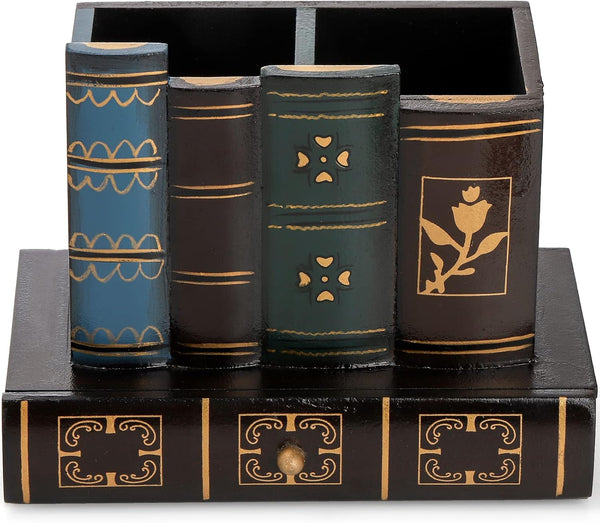 Tosnail Decorative Pen Holder with Storage Drawer, Wooden Pencil Holder and Organizer, Antique Library Books Design Pen