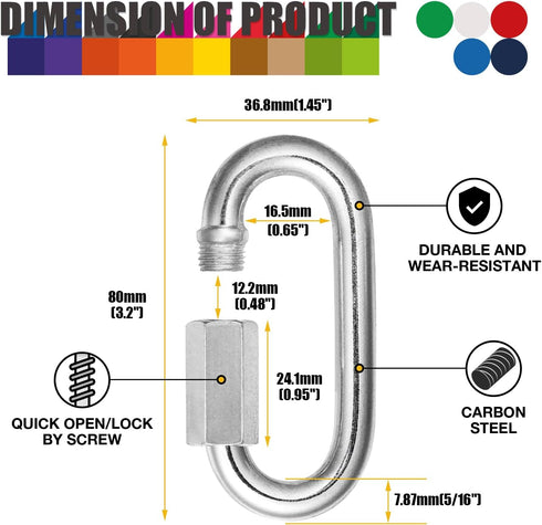 40Pack Heavy Duty Chain Links, 1200lbs Capacity 5/16” Quick Link Locking Carabiners for Safe Chain, Gym, Hammock