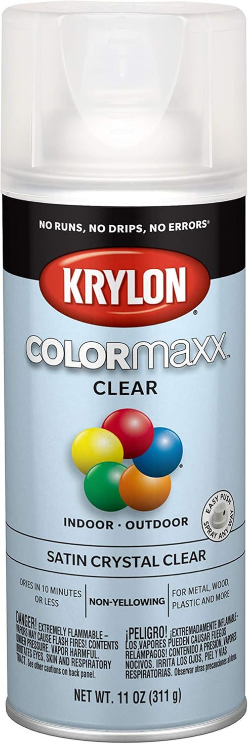 Krylon K05562007 COLORmaxx Acrylic Clear Finish, Satin Crystal Clear, 11 Ounce for Indoor/Outdoor Use