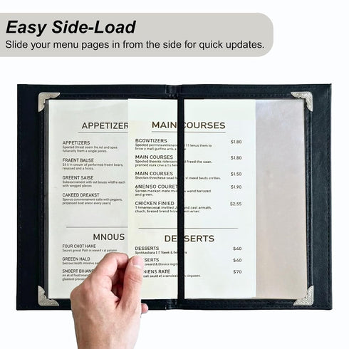 8.5 11, 2 Pack 4 8 Restaurant Menu Covers x Menu Holder Faux Leather Menu Book with Clear PVC Sleeves, Page View