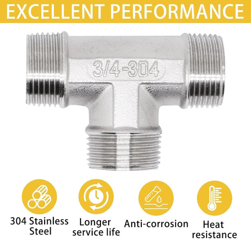 Tee Pipe Fittings 304 Stainless Steel Tee, 3/4" x 3/4" x 3/4" Male NPT Thread Adapter, 1 Pack