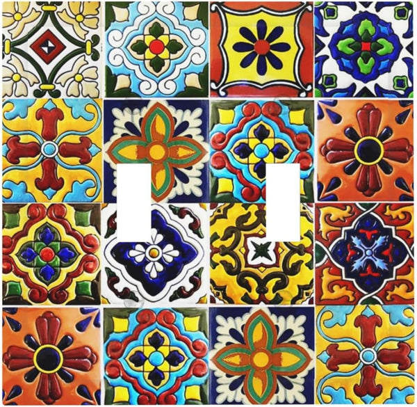 Yellow Vintage Mexican Moroccan Talavera Tile, 2 Gang Outlet Light Switch Cover, Decorative Dual Device Switch Face