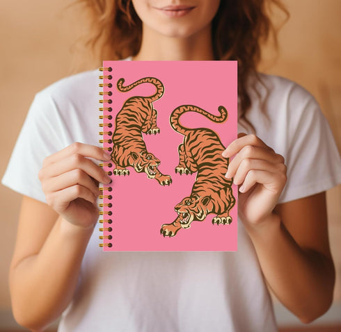 Trendy Preppy Hot Pink Tiger Notebook Journal - Pink Aesthetic Notebooks, Pink Composition Notebook, 5.5x8.3