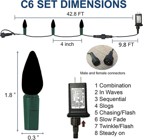 C6 100 33 8 Dazzle Bright Christmas String Lights, LED FT Waterproof Green Wire Fairy Lights, Modes Christmas Lights