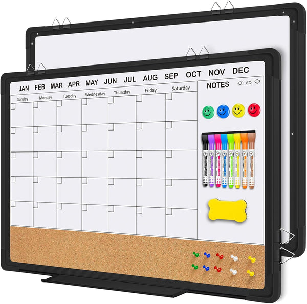 EAONE Monthly Calendar Whiteboard and Cork Board Combo, 24" X 18", Double-Sided Magnetic Dry Erase Calendar, Black