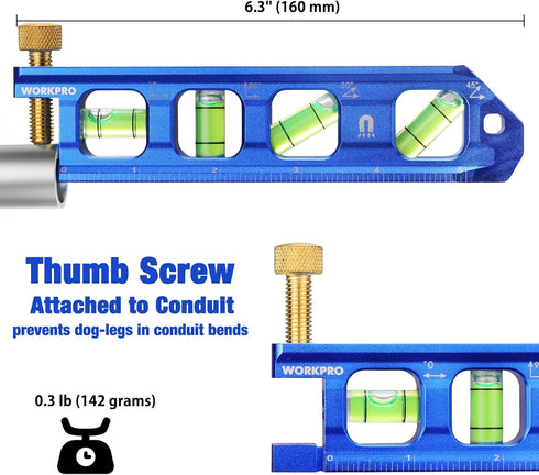 WORKPRO Conduit Bending Level, Magnetic Torpedo Level, Pipe Level, Bubble Vials for 0 /90 /30 /45 Measurements, Aluminum Alloy Construction, 6.3-inch, Cobalt Blue by WORKPRO