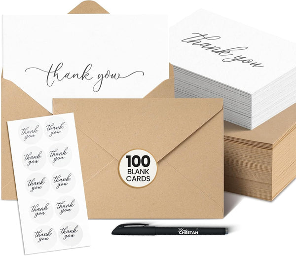 Blue Cheetah 100 Pack Thank You Cards with Envelopes 100 Pack - 4x6 Thank