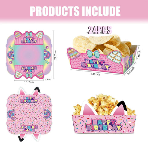 Terasilian 24Pcs Cartoon Dollhouse Food Tray Party Favors Paper Food Serving Tray Birthday Party Supplies Doll Theme