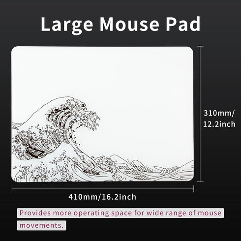 Glass Gaming Mouse Pad, White Kanagawa Hard Mousepad, Professional Large Mouse Mat 410mm*310mm for Improved Precision