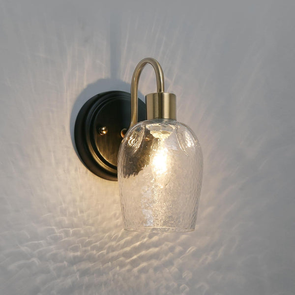 Durent Lighting Gold Glass Wall Sconce, Modern Black 1-Light Bathroom Wall Lamp