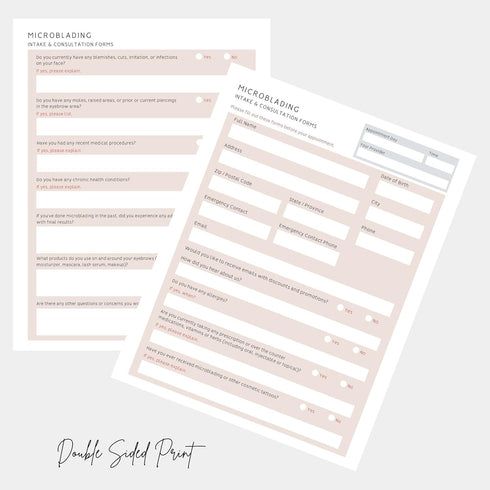 Microblading Client Paper Intake Forms, 100pk, 8.5 x 11” Paper Size, Consent Intake Consultation Aftercare, Brow Shape