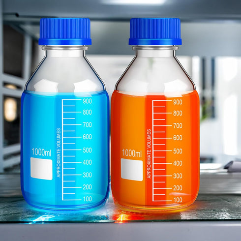 Irenare 8 Pieces Media Storage Bottles, 1000 ml Borosilicate Glass, Round Graduated with Blue GL45 Screw Cap