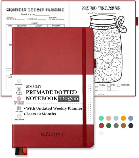 Premade Bullet Dotted Journal Notebook, Pre-made Dot Grid Journaling with Undated Weekly & Monthly Planner, A5 Hardcover