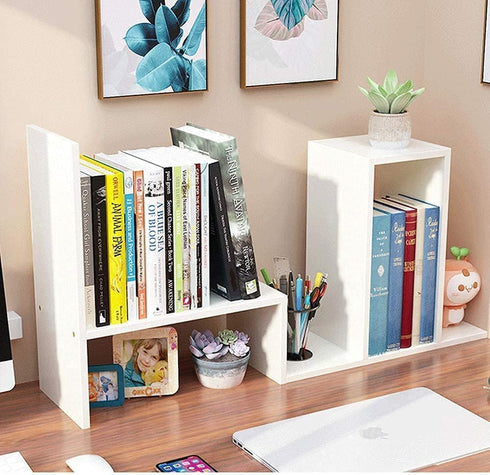 Expandable Wood Desktop Bookshelf - Office Storage Rack, Wood Display Shelf, Corner Desk Storage Shelf