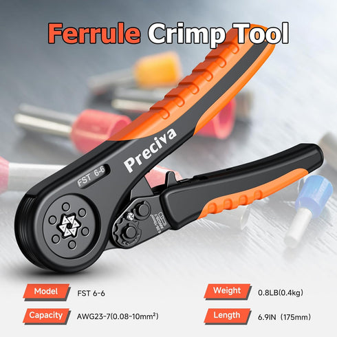Preciva Hexagonal Ferrule Crimping Tool, AWG 28-7 Adjustable Ratcheting Wire Crimping Plier