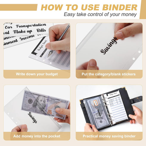 Onlyesh Budget Binder with Cash Envelopes, 28Pcs Money Organizer for Cash, Marble 6-Ring Money Saving Binder (Black).