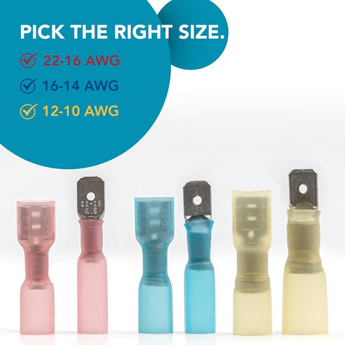 50 Male + 50 Female Blade Spade Connectors, .25" (1/4'') 6.3mm 22-18 AWG, Heat-Shrink Insulated Terminals