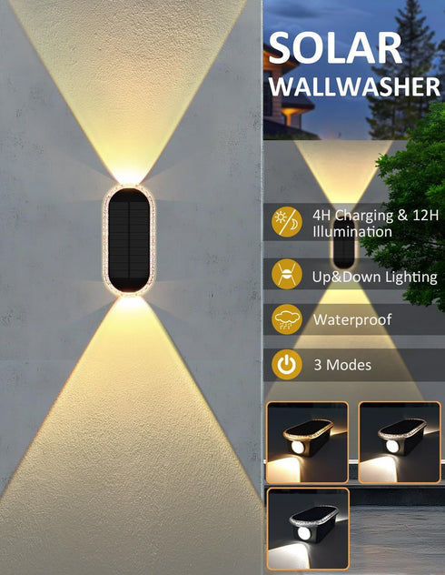 3000K/4000K/6000K 3 2 Solar Fence Lights Outdoor, Modes Solar Wall Lights Outdoor Waterproof, Up&Down Dual-Head Outdoor