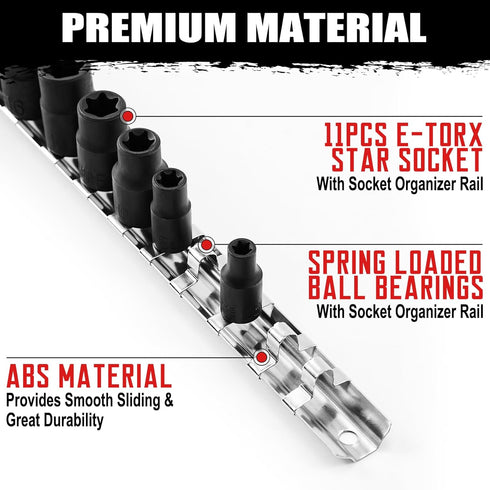 11PCS Female Torx Socket Set with Rail, E-Torx Socket Set for 1/4" and 3/8" Drive, E4 - E20