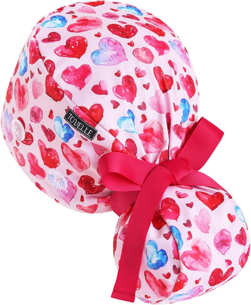Scrub Caps Women Ponytail Pink Heart Double-Sided Printed Surgical Hat with Buttons