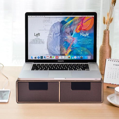 Linen Leather Desk Organizer with Drawers - Mini Stackable Desktop Storage Box for Office Supplies, Home Vanity (Brown)