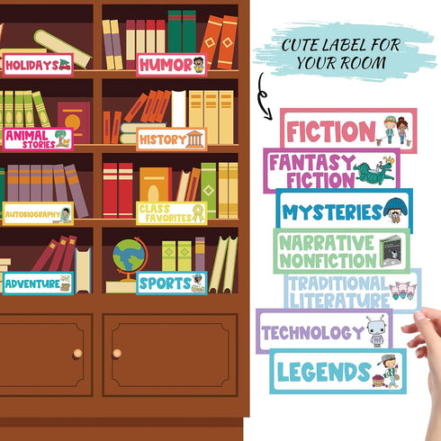 Tinlade 56 Pcs Classroom Library Labels for School Library Genre & Topic for Book Teacher Supplies Cards for Classroom