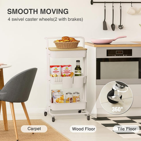 DTK 3 Tier Rolling Utility Cart, Movable Kitchen Storage Trolley with Lockable Wheels for Home Office Organization