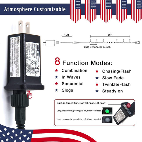 200 66ft 4th 8 4th JMEXSUSS LED Red White and Blue Lights Outdoor, Expandable Waterproof of July Lights, Modes