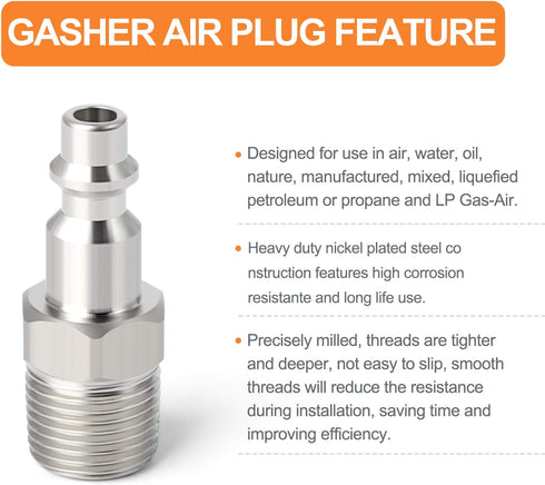 GASHER 1/4-Inch NPT Male Industrial Air Plug, 1/4-Inch High Flow Pneumatic Plugs 300PSI (20-Pack)