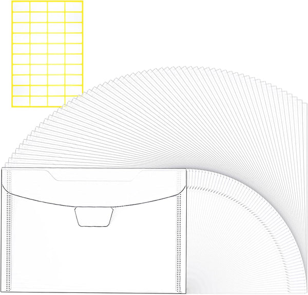 Hukado Clear Plastic Envelopes, 60 Pcs 9''x7'' for Cash, Photo & Document Storage, Reusable Waterproof Holder