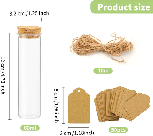 20 Pcs 60ml Flat Test Tubes with Cork Stoppers, 120x30MM Clear Plastic Test Tubes Container Plastic Flat Bottom Storage Tubes for Candy Storage Plant, Party