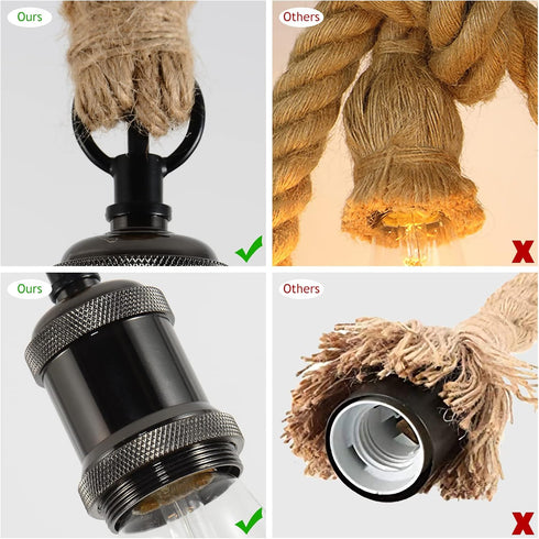 E26 Industrial Hemp Rope Chandelier;Single Head Farmhouse Pendant Lights Base Ceiling Lamp;Retro Pendant Lamp Cord- DIY