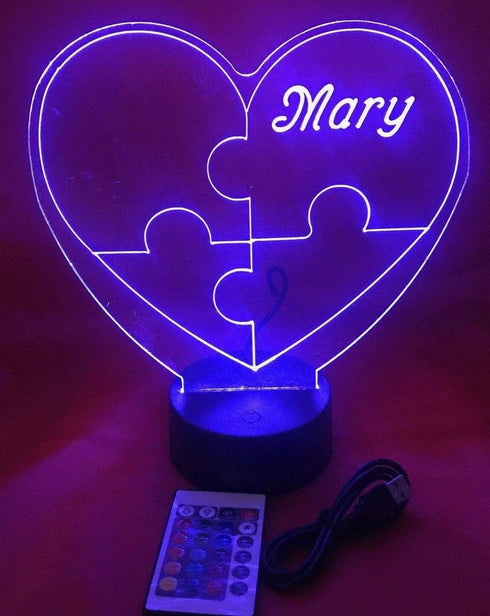 16 Puzzle Piece Autism Heart Night Light Up Lamp LED Stand Engraved Table Lamp Custom Engraved Room Decor Featuring