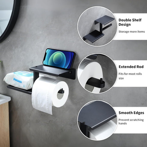 AIDILI 304 Adhesive Toilet Paper Holder with Double Shelf, No Drilling Wall Mount Toilet Tissue Roll Holder, Rustproof