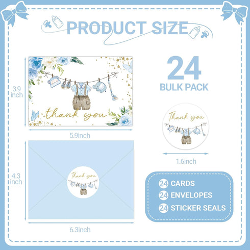 SMUAENSS 24 Pack Blue Rose Baby Shower Thank You Cards, Boy Baby Gift Card with Envelopes and Stickers, Greeting Cards