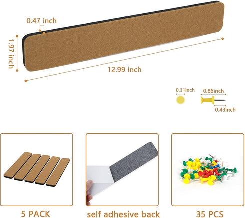Felt Pin Board Bar Strips, Self-Adhesive Cork Board for Home Wall Decoration with 35 Push Pins