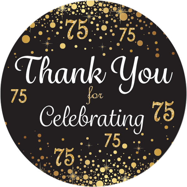 Black and Gold 75th Birthday Thank You Stickers - 40 Labels, 1.75 in