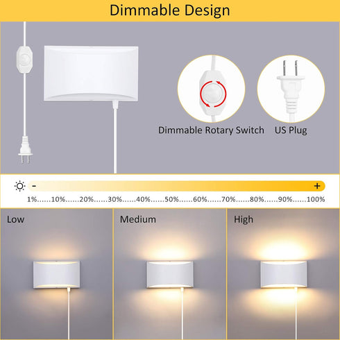 12W Dimmable Lightess Plug in Wall Sconces Modern LED Wall Light Indoor Up Down Wall Lamp for Bedroom Living Room