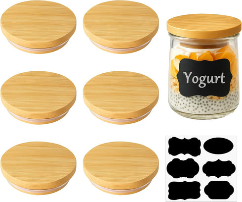 JINUYYNA Natural Bamboo 6 Pack Oui Yogurt Jar Lids with Silicone Sealing Rings