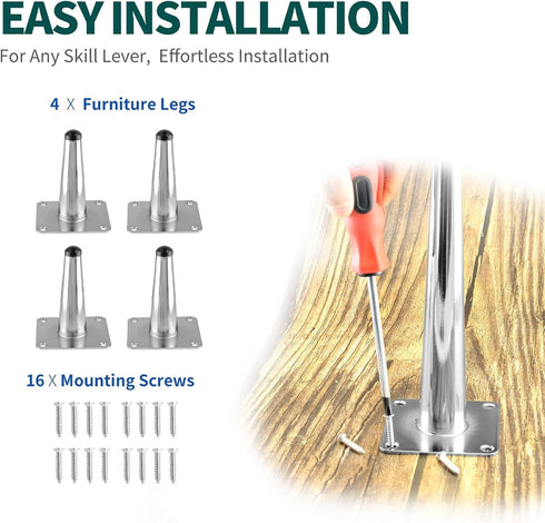 Seimneire 4pcs 4 Inch Furniture Legs, Straight Conical Metal Legs Chrome Mid-Century Style Furniture Feet for Sofa
