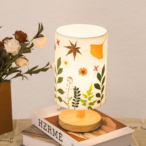 5W 3Color Pressed Flowers Table Lamp LED Temperatures Dried Flower Bedside Lamp Linen Shade with Wood Base for Bedroom