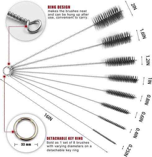 16 Inch Extra Long Pipe Cleaning Brush Set, Stainless Steel Bristles, 8 Piece Variety Pack for Auto Parts, Bottles,